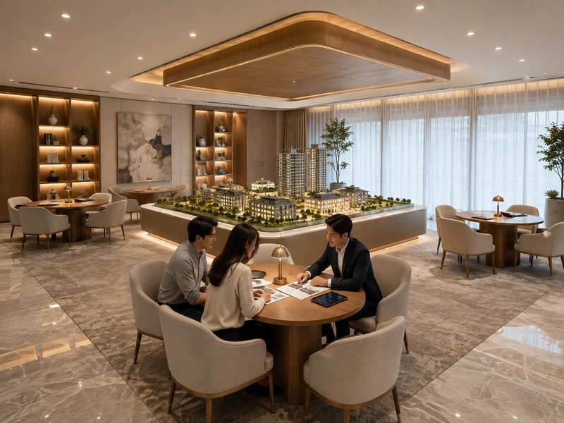 Cụm bàn tư vấn kê hướng về sa bàn trong thiết kế văn phòng giao dịch bất động sản