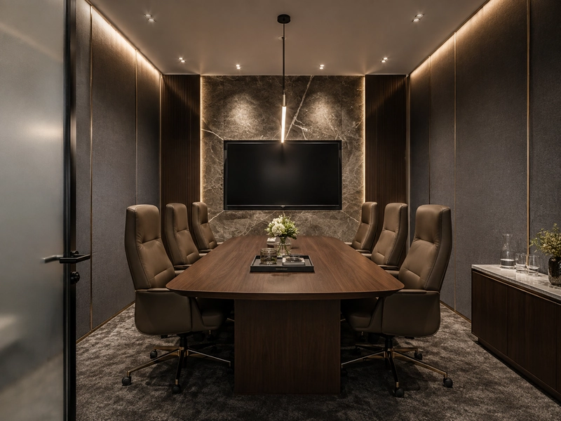 Phòng đàm phán VIP trong thiết kế văn phòng giao dịch: bàn dài, ghế bọc da, tường ốp gỗ tông trầm