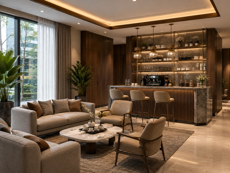 Khu lounge trong thiết kế văn phòng giao dịch với sofa thấp và quầy pha chế đặt sát tường