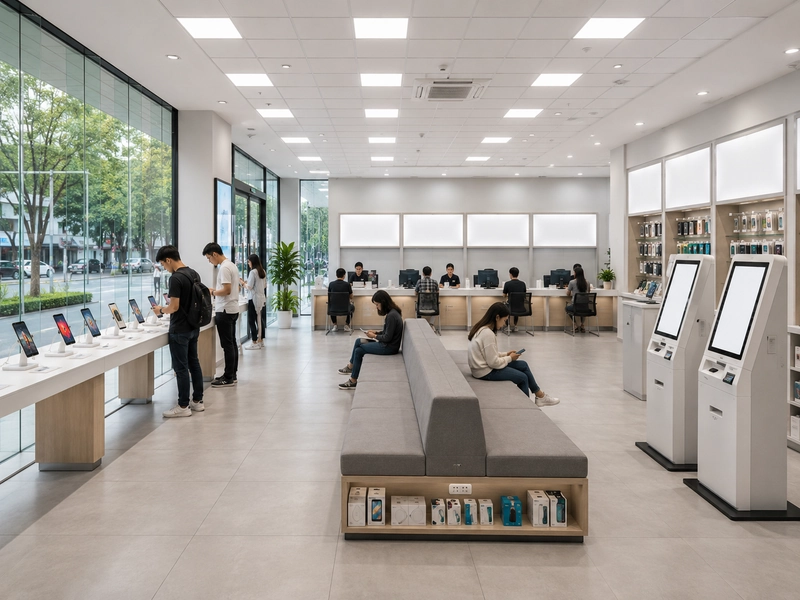 Thiết kế văn phòng giao dịch viễn thông nhìn từ ngoài vào: bàn trưng bày dọc kính, kiosk cạnh lối đi