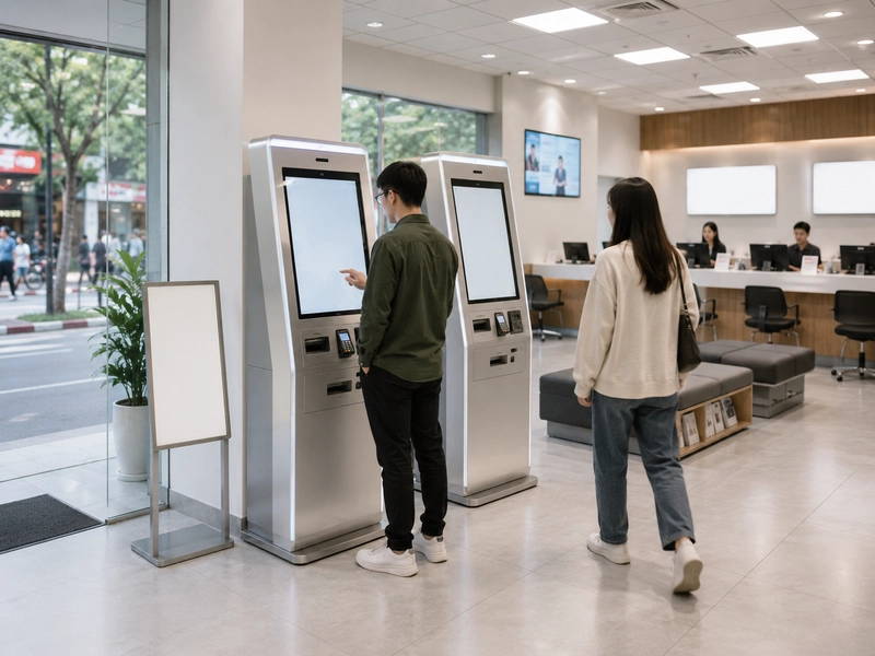 Kiosk tự phục vụ đứng riêng gần cửa trong thiết kế văn phòng giao dịch, tách khỏi dãy quầy