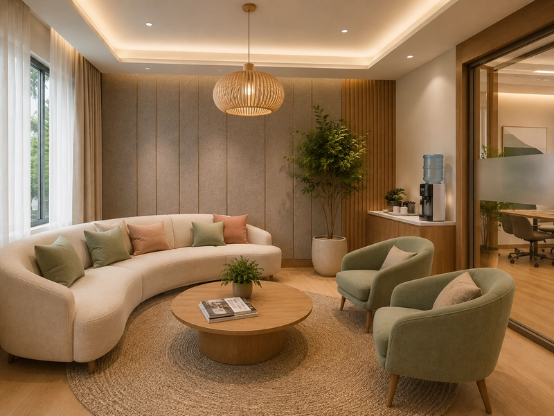 Sảnh chờ kiểu living-room trong thiết kế văn phòng giao dịch: sofa cong, thảm và mảng tường nỉ