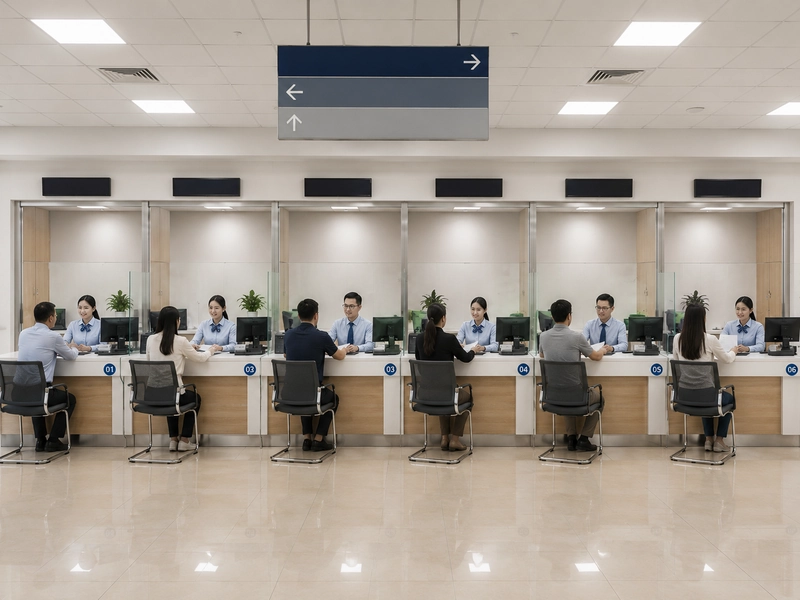 Dãy quầy một cửa liên thông trong thiết kế văn phòng giao dịch, mỗi vị trí có bảng số phía trên
