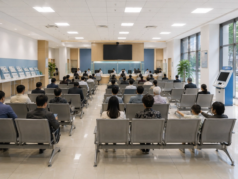 Sảnh chờ nhiều dãy ghế trong thiết kế văn phòng giao dịch, màn hình số thứ tự treo trên đầu quầy