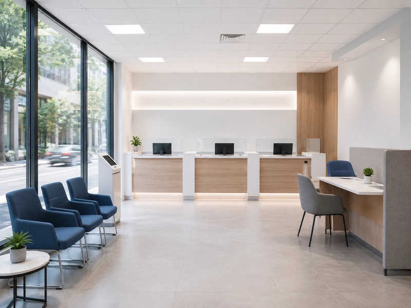 Mặt bằng thiết kế văn phòng giao dịch dưới 50m²: quầy thẳng ngắn, khu chờ kê sát vách kính