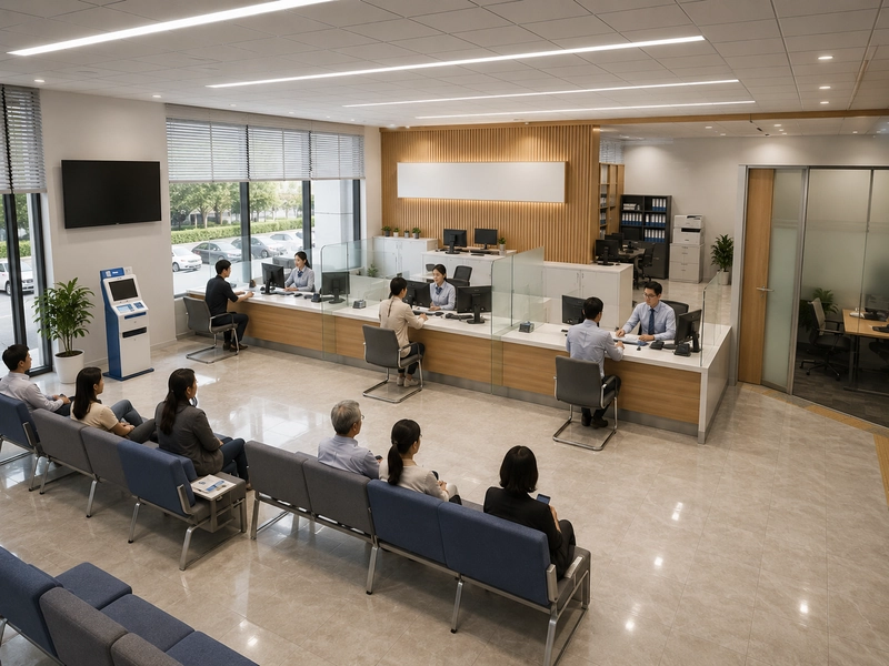 Mặt bằng thiết kế văn phòng giao dịch 100m² với quầy chữ L và phòng tư vấn kín ở góc