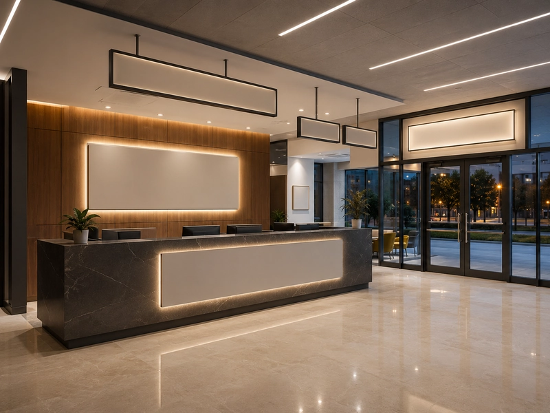 Nhận diện thương hiệu trong thiết kế văn phòng giao dịch dùng logo nổi 3D có đèn LED hắt sáng