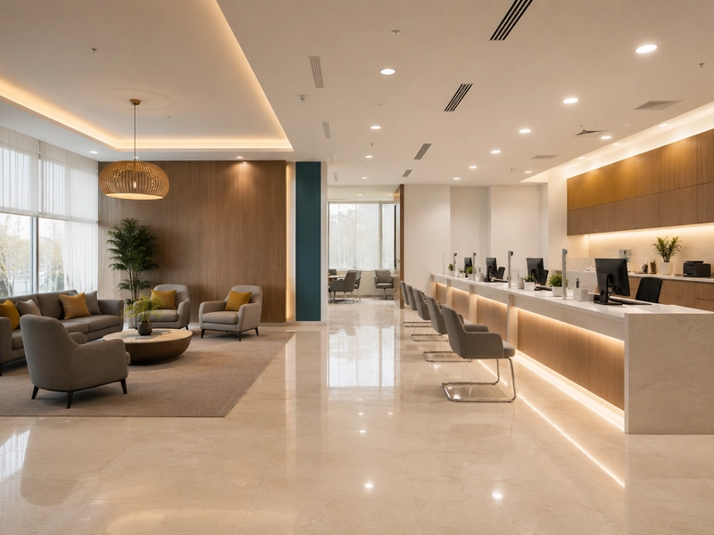 Chiếu sáng trong thiết kế văn phòng giao dịch giữ nền trung tính, màu thương hiệu làm điểm nhấn