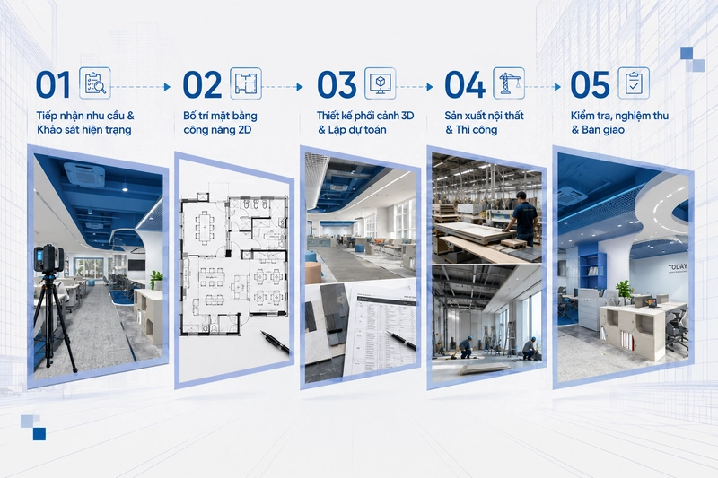 Sơ đồ 5 bước từ khảo sát, bố trí 2D, phối cảnh 3D đến bàn giao, quy trình thi công văn phòng hiện đại