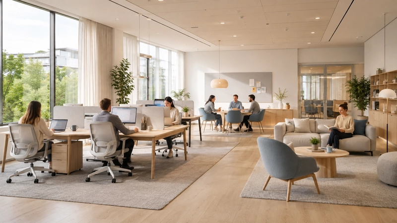 Khu làm việc gỗ sáng kết hợp thảm, sofa và cây xanh theo hướng Bắc Âu, văn phòng đẹp hiện đại ấm cúng