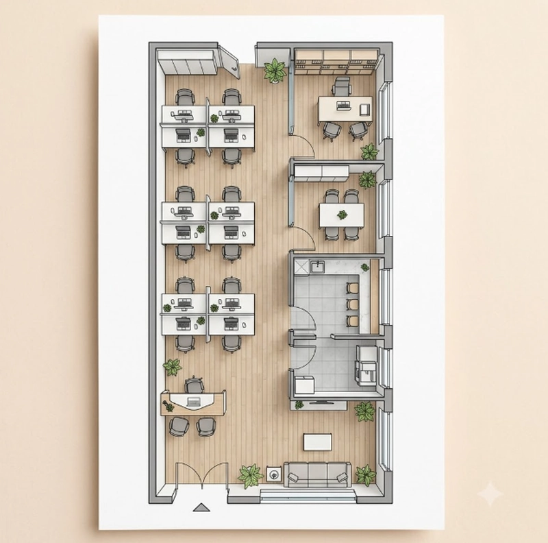 Mẫu thiết kế văn phòng 70m2 theo bố cục mặt bằng hẹp và dài