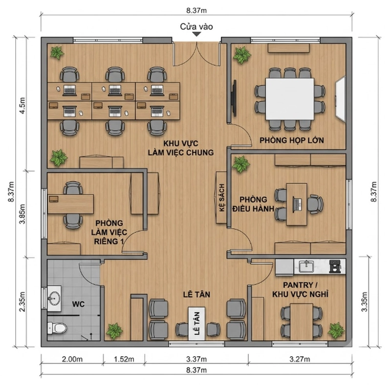Mẫu thiết kế văn phòng 70m2 theo bố cục mặt bằng vuông cân xứng 