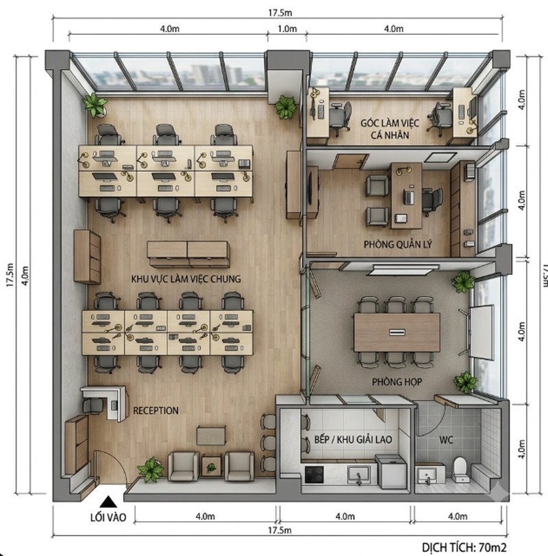Mẫu thiết kế văn phòng 70m2 theo bố cục mặt bằng lô góc