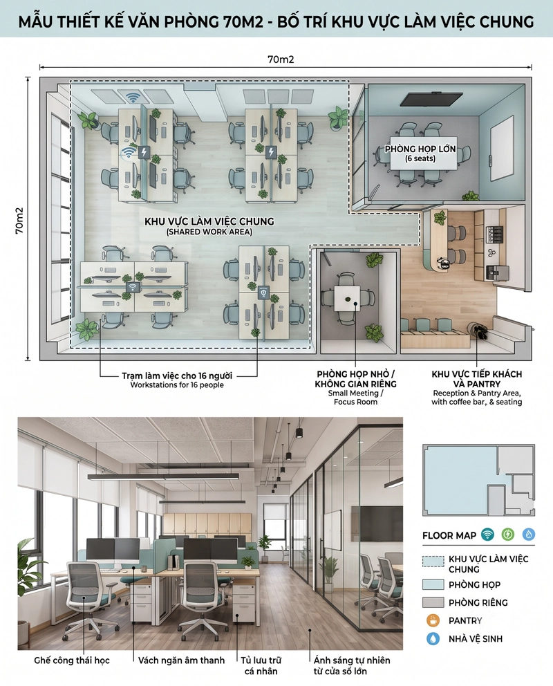 Mẫu thiết kế văn phòng 70m2 theo khu vực làm việc chung