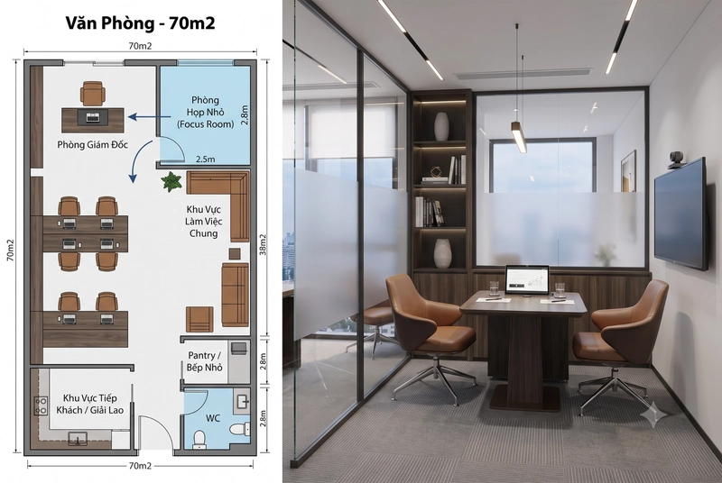 Mẫu thiết kế văn phòng 70m2 theo khu vực phòng họp