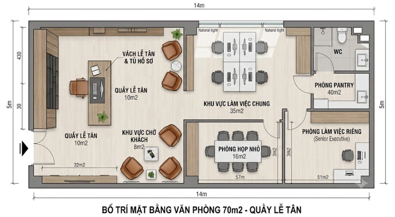 Mẫu thiết kế văn phòng 70m2 theo khu vực quầy lễ tân