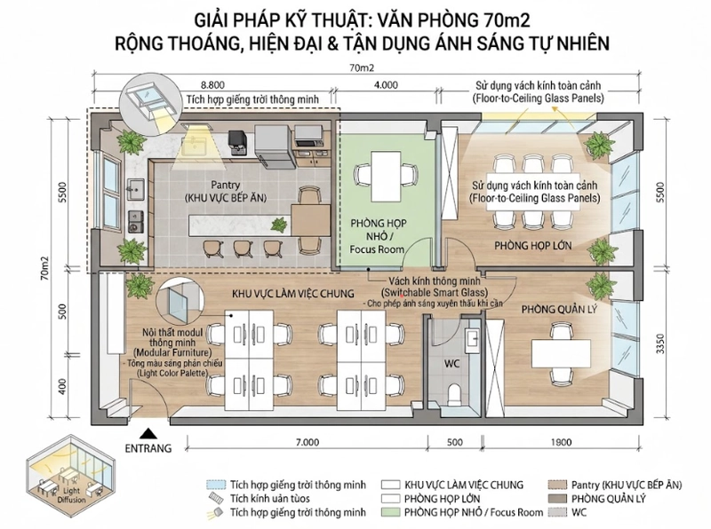 Mẫu thiết kế văn phòng 70m2 tận dụng ánh sáng tự nhiên 