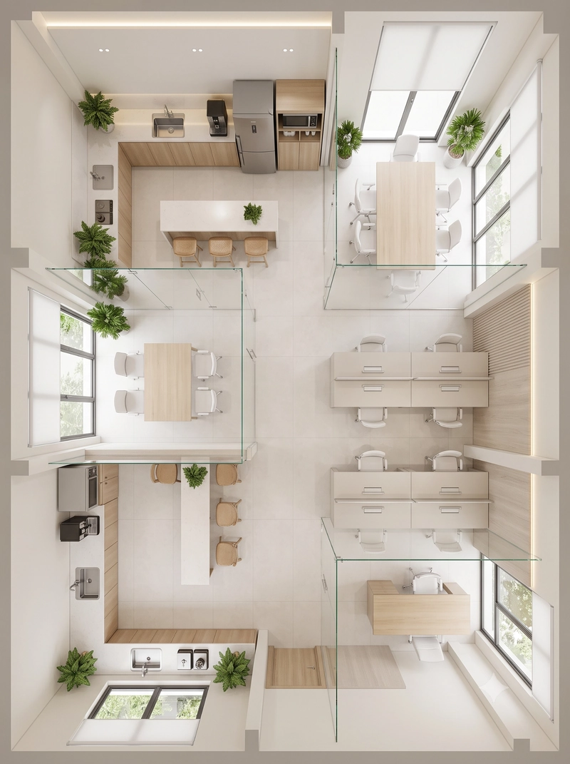 Mẫu thiết kế văn phòng 70m2 với tông màu và chất liệu mở rộng không gian 