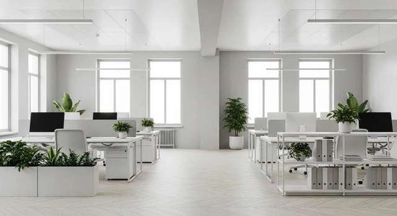 Chậu cây đặt trên bàn thay tranh treo tường trong không gian văn phòng 70m2 tối giản