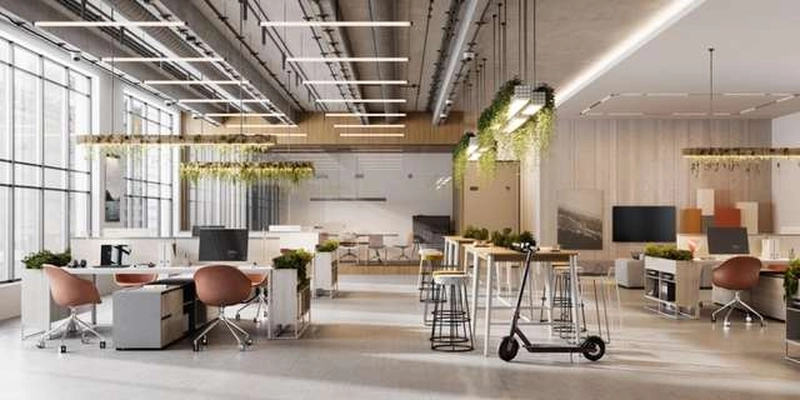 Văn phòng 70m2 không gian mở: trần lộ hệ kỹ thuật, bàn kê thành cụm, không vách ngăn cố định