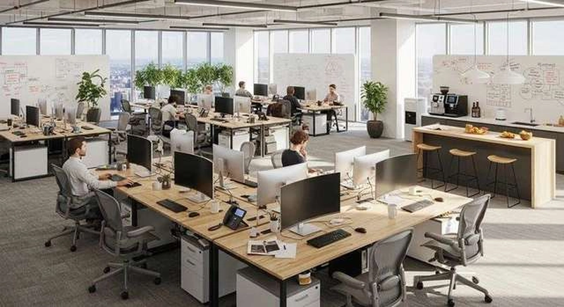 Sàn mở hoàn toàn với bàn ghép cụm và thảm tiêu âm, kiểu bố trí văn phòng 70m2 nhiều chỗ nhất