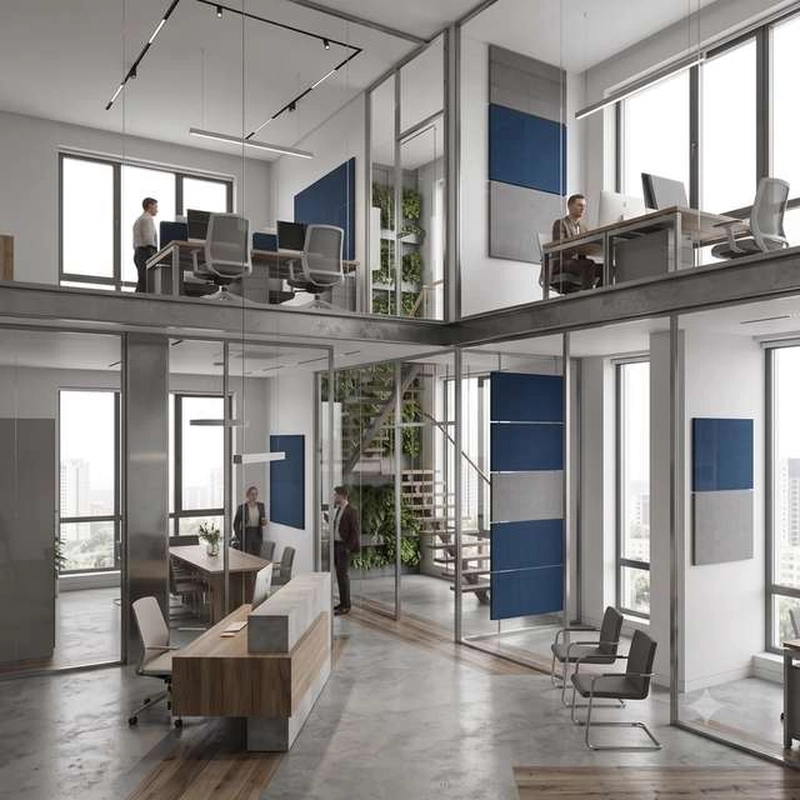 Văn phòng 70m2 phong cách công nghiệp với khung thép, gác lửng và hệ cửa kính cao sát trần