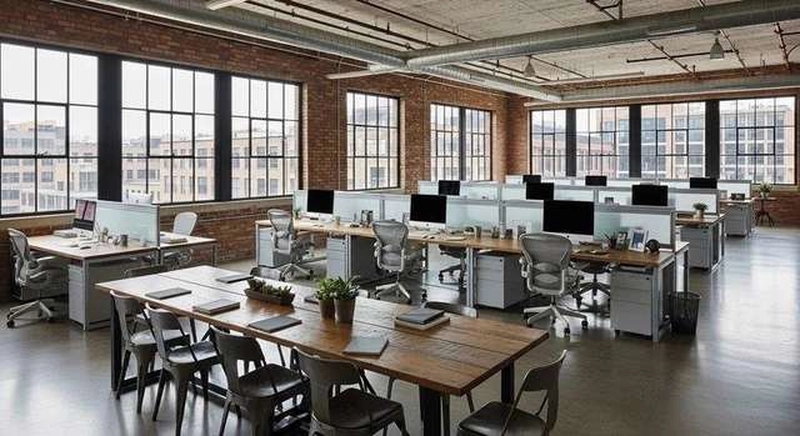 Trần bê tông để mộc lộ đường ống trong một văn phòng 70m2 có trần cao trên 3m