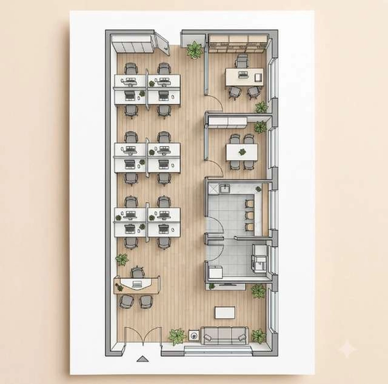 Phối cảnh mặt bằng văn phòng 70m2 hẹp dài: ba cụm bàn dọc một bên, phòng kín dồn sang bên kia