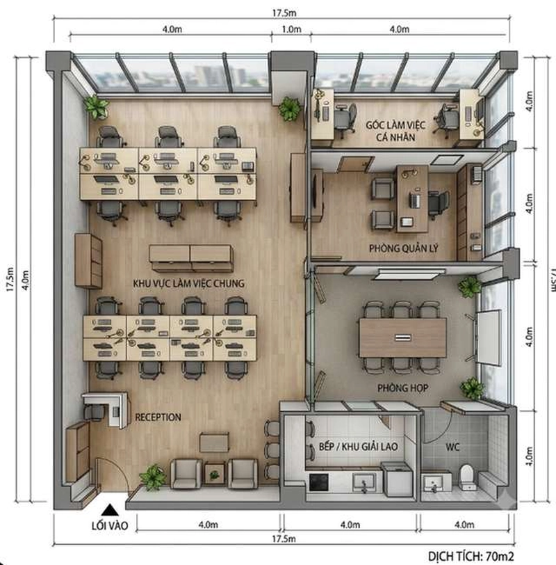 Bản vẽ mặt bằng văn phòng 70m2 hẹp dài với hai cụm bàn, phòng quản lý, phòng họp và khu bếp