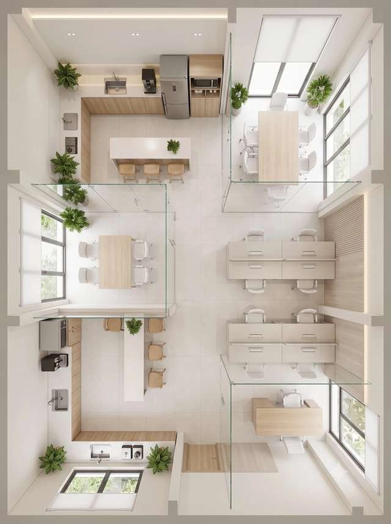 Phối cảnh từ trên xuống của một văn phòng 70m2 vuông: hai dãy bàn, hai phòng họp và pantry