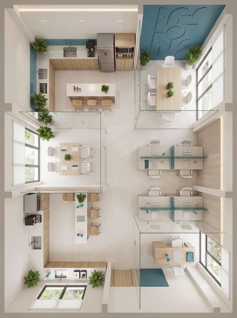 Phối cảnh mặt bằng văn phòng 70m2 nhiều mặt kính, phòng kín lùi vào trong để giữ sáng khu chung