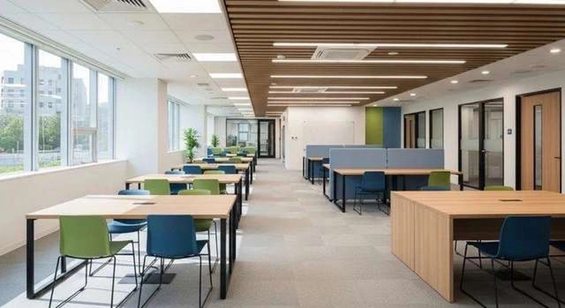 Trần lam gỗ và bàn màu nhấn ở dãy ven cửa sổ làm ấm không gian văn phòng 70m2 nhiều kính