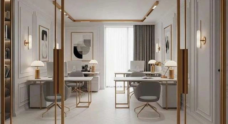 Điểm nhấn vàng đồng ở khu tiếp khách làm ấm mặt bằng vuông vốn nhiều tường đặc (Ảnh tham khảo)